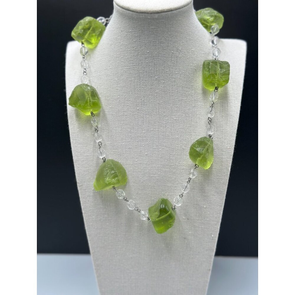 Green Chunky Nugget Beaded Necklace Clear Faceted Link Long Statement 20 Inch